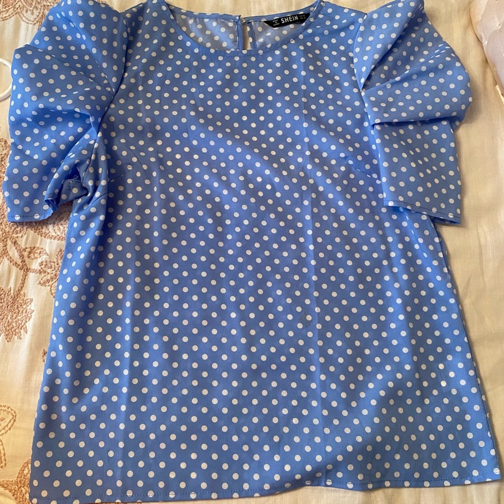 Shein blue polka dot silk top. Puff sleeves. Worn once.